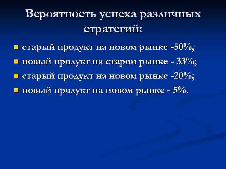 Вероятность успеха различных стратегий: старый продукт на новом рынке -50%; n новый продукт на