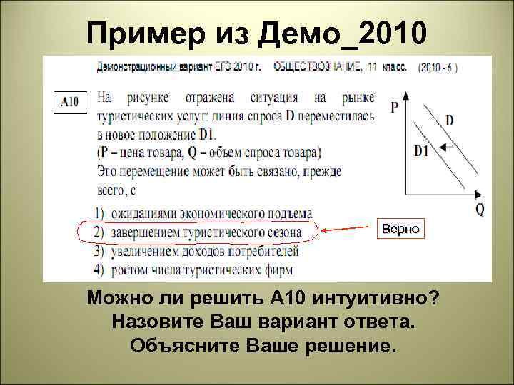 Пример из Демо_2010 Верно Можно ли решить А 10 интуитивно? Назовите Ваш вариант ответа.