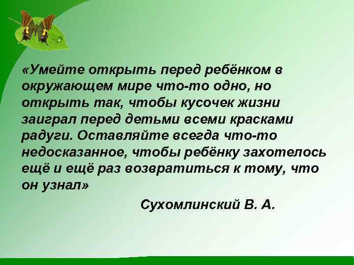  «Умейте открыть перед ребёнком в окружающем мире что-то одно, но открыть так, чтобы