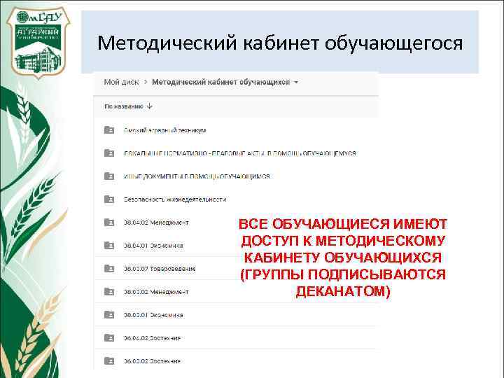 Методический кабинет обучающегося ВСЕ ОБУЧАЮЩИЕСЯ ИМЕЮТ ДОСТУП К МЕТОДИЧЕСКОМУ КАБИНЕТУ ОБУЧАЮЩИХСЯ (ГРУППЫ ПОДПИСЫВАЮТСЯ ДЕКАНАТОМ)