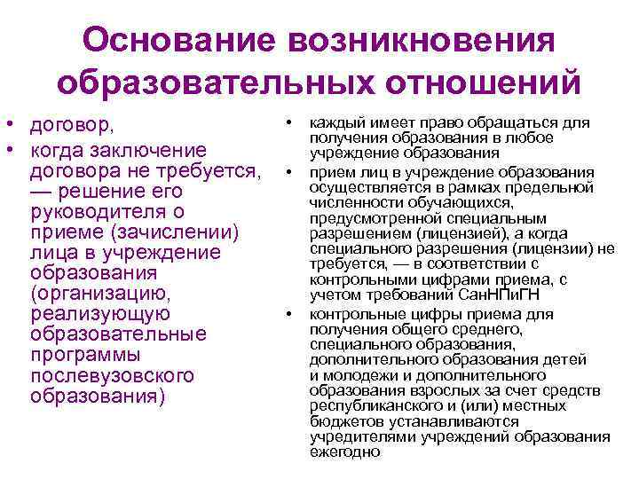 Основание возникновения образовательных отношений • договор, • когда заключение договора не требуется, — решение