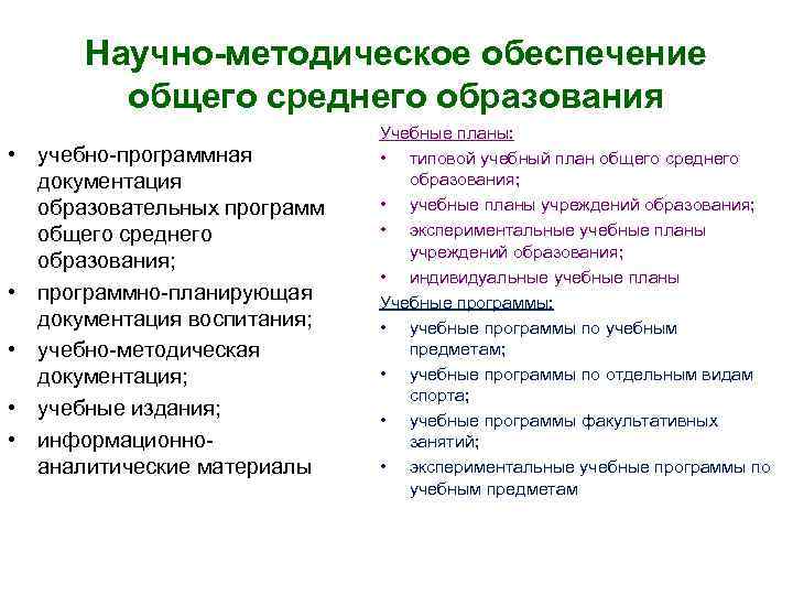 Научно-методическое обеспечение общего среднего образования • учебно-программная документация образовательных программ общего среднего образования; •