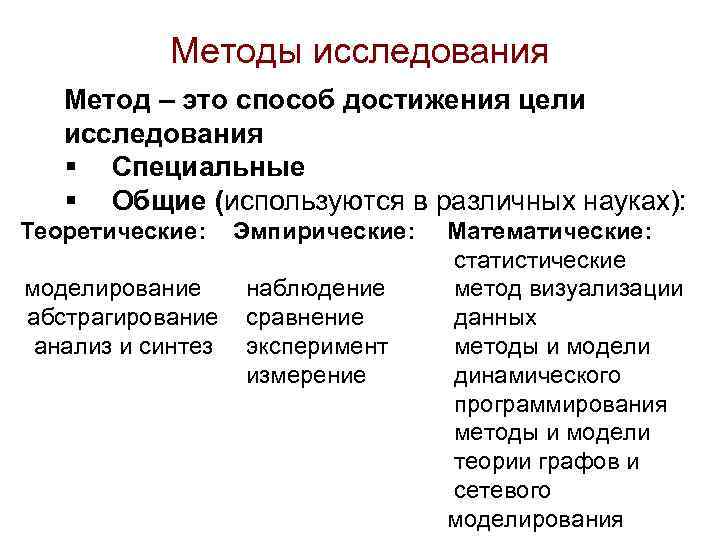 Методы исследования Метод – это способ достижения цели исследования § Специальные § Общие (используются