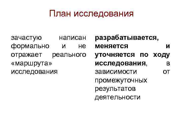 План исследования зачастую написан формально и не отражает реального «маршрута» исследования разрабатывается, меняется и