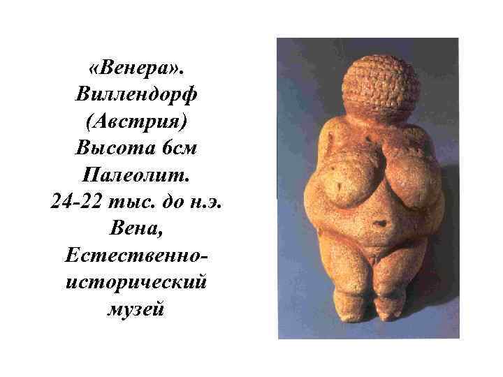  «Венера» . Виллендорф (Австрия) Высота 6 см Палеолит. 24 -22 тыс. до н.