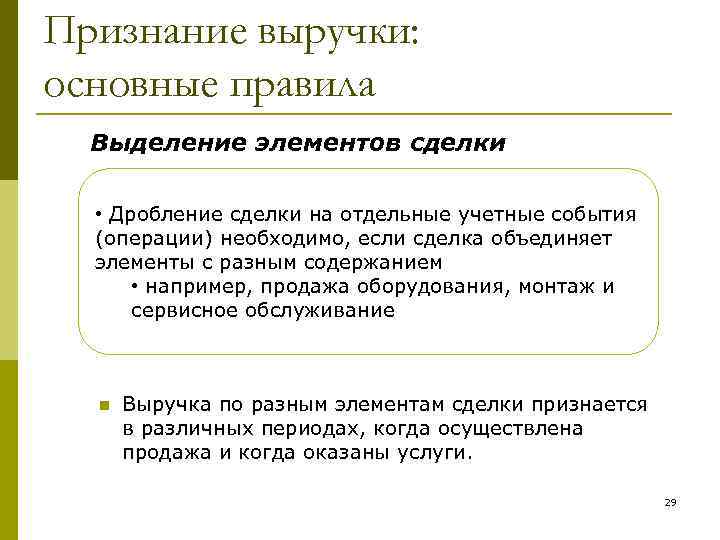 Признание выручки: основные правила Выделение элементов сделки • Дробление сделки на отдельные учетные события