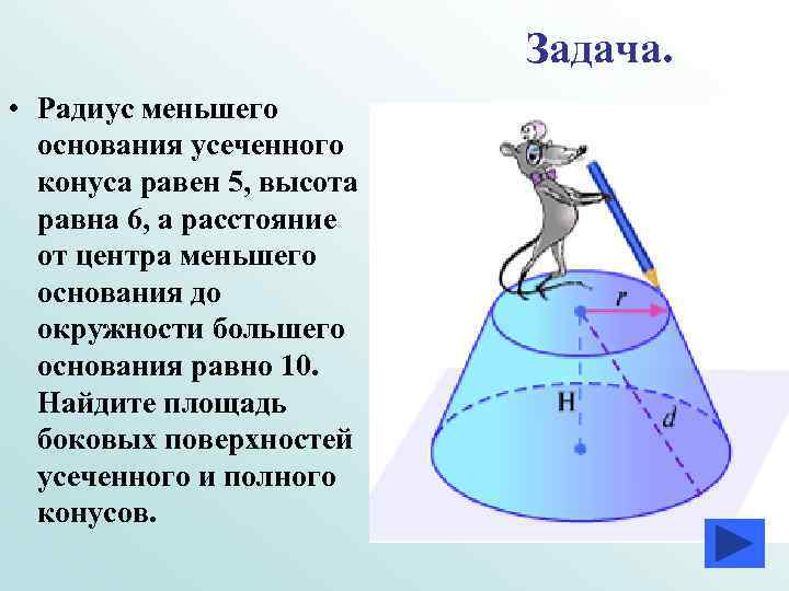 Задача. • Радиус меньшего основания усеченного конуса равен 5, высота равна 6, а расстояние