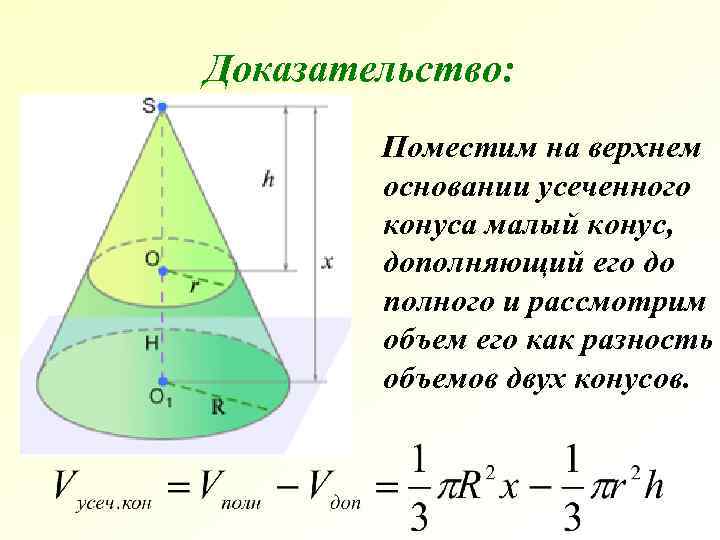 Доказательство: Поместим на верхнем основании усеченного конуса малый конус, дополняющий его до полного и