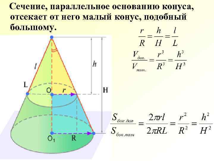 Сечение, параллельное основанию конуса, отсекает от него малый конус, подобный большому. 