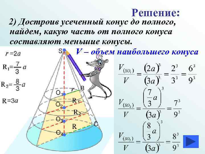 Решение: 2) Достроив усеченный конус до полного, найдем, какую часть от полного конуса составляют