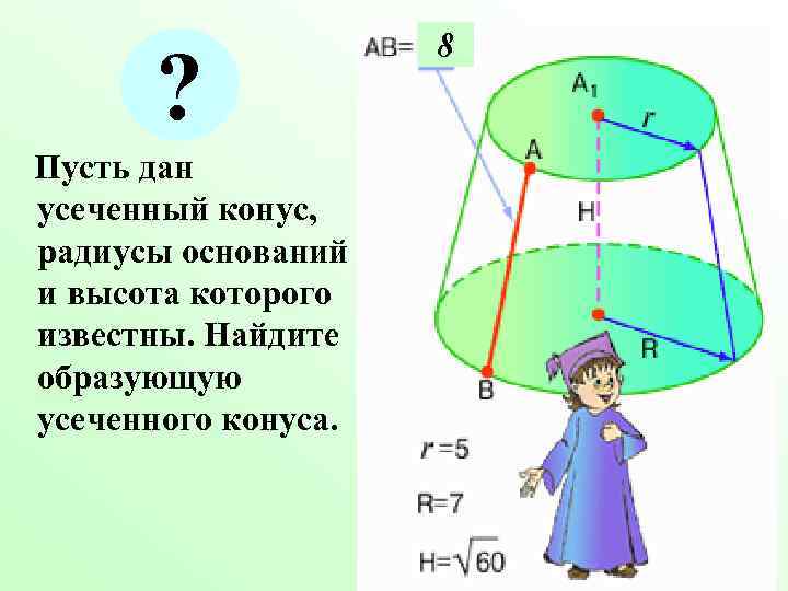 ? Пусть дан усеченный конус, радиусы оснований и высота которого известны. Найдите образующую усеченного