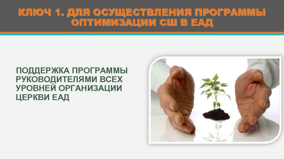 КЛЮЧ 1. ДЛЯ ОСУЩЕСТВЛЕНИЯ ПРОГРАММЫ ОПТИМИЗАЦИИ СШ В ЕАД ПОДДЕРЖКА ПРОГРАММЫ РУКОВОДИТЕЛЯМИ ВСЕХ УРОВНЕЙ