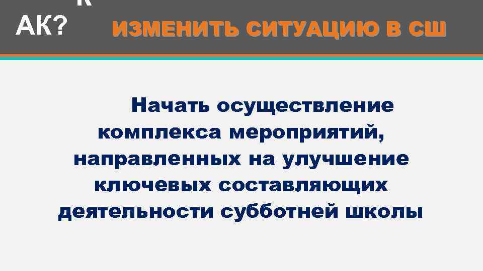  К АК? ИЗМЕНИТЬ СИТУАЦИЮ В СШ Начать осуществление комплекса мероприятий, направленных на улучшение