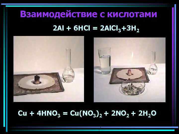 Взаимодействие с кислотами 2 Al + 6 HCl = 2 Al. Cl 3+3 H