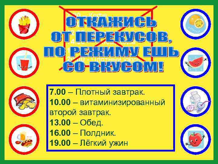 7. 00 – Кофе 10. 00 – Бутерброд 12. 00 - Доширак 14. 00