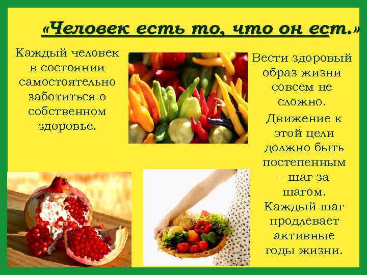  «Человек есть то, что он ест. » Каждый человек в состоянии самостоятельно заботиться