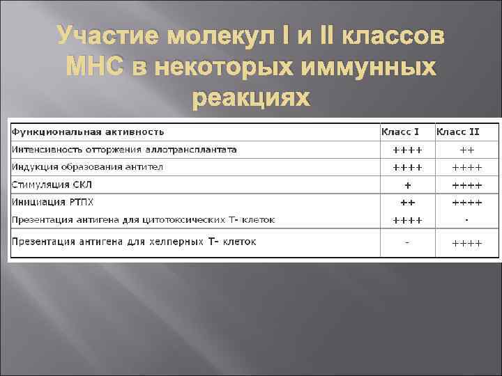 Участие молекул I и II классов МНС в некоторых иммунных реакциях 