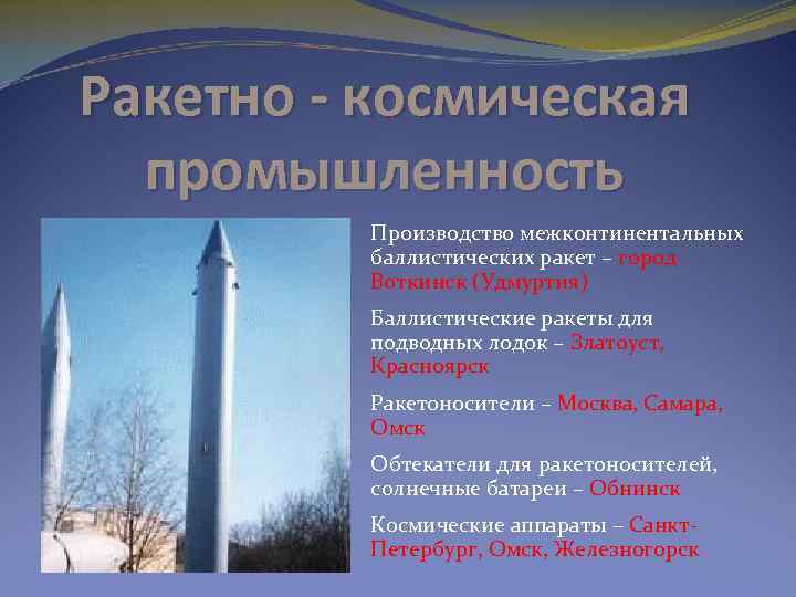 Ракетно - космическая промышленность Производство межконтинентальных баллистических ракет – город Воткинск (Удмуртия) Баллистические ракеты