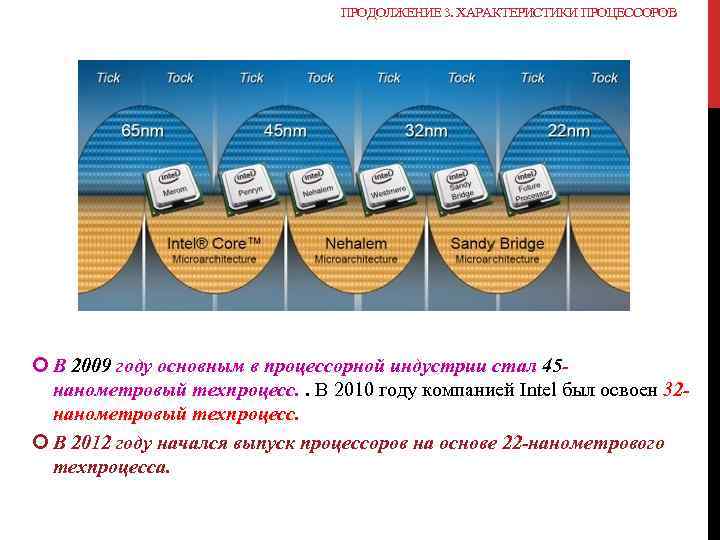 ПРОДОЛЖЕНИЕ 3. ХАРАКТЕРИСТИКИ ПРОЦЕССОРОВ В 2009 году основным в процессорной индустрии стал 45 нанометровый