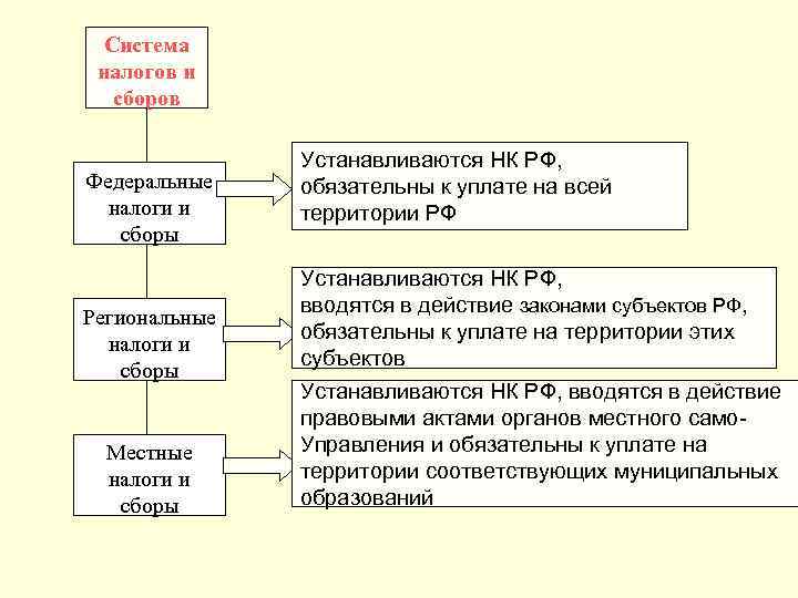 Система налогов и сборов Федеральные налоги и сборы Региональные налоги и сборы Местные налоги