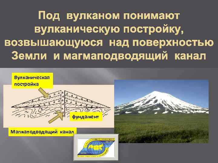 Под вулканом понимают вулканическую постройку, возвышающуюся над поверхностью Земли и магмаподводящий канал Вулканическая постройка