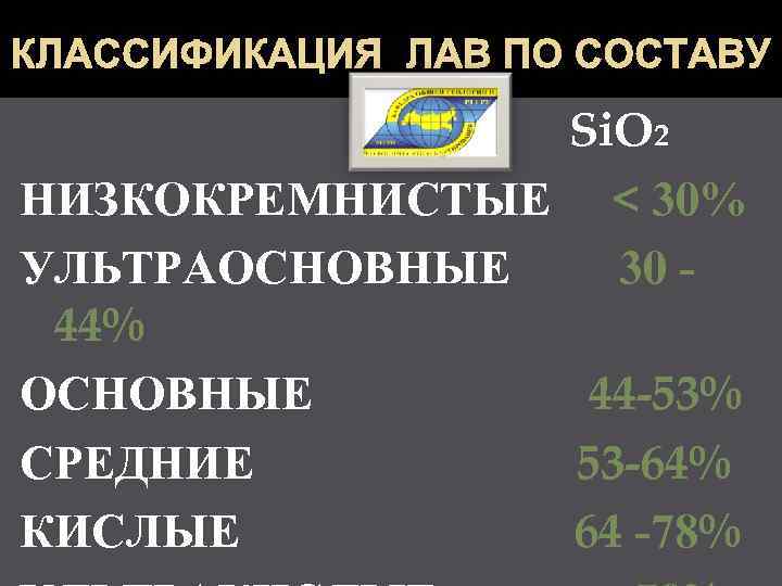 КЛАССИФИКАЦИЯ ЛАВ ПО СОСТАВУ Si. O 2 НИЗКОКРЕМНИСТЫЕ < 30% УЛЬТРАОСНОВНЫЕ 30 44% ОСНОВНЫЕ