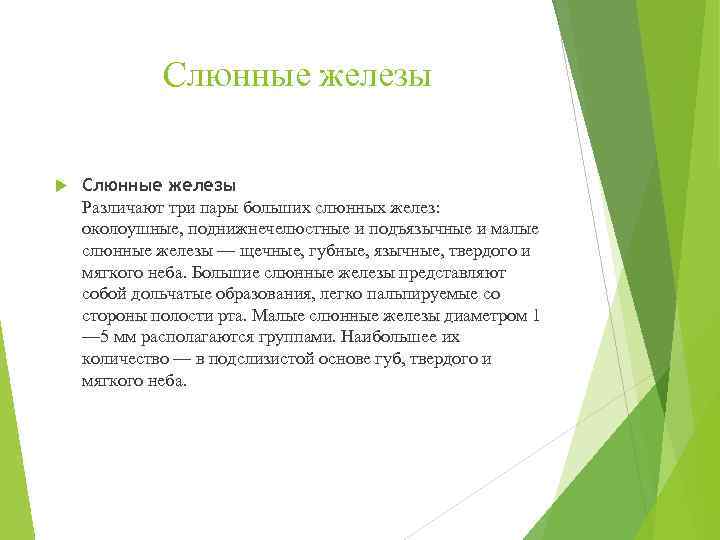 Слюнные железы Различают три пары больших слюнных желез: околоушные, поднижнечелюстные и подъязычные и малые