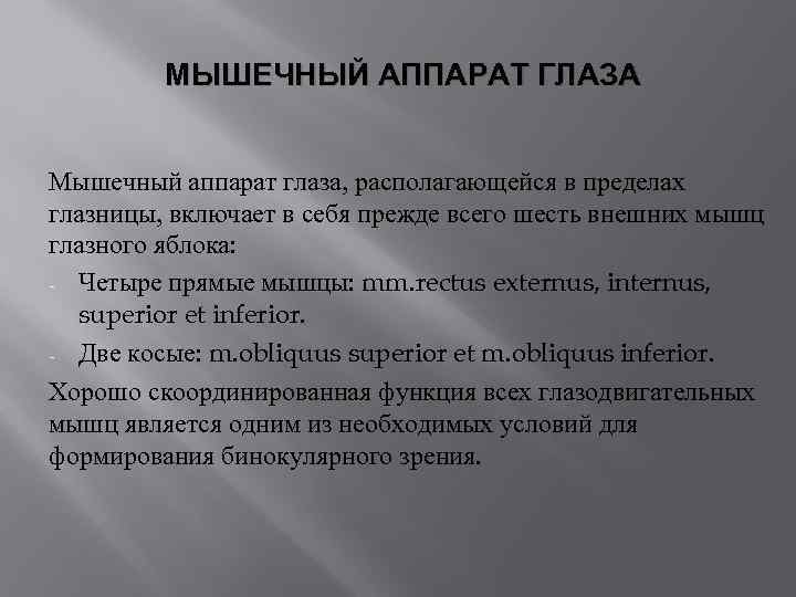 МЫШЕЧНЫЙ АППАРАТ ГЛАЗА Мышечный аппарат глаза, располагающейся в пределах глазницы, включает в себя прежде