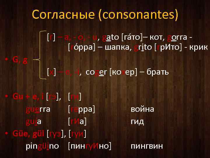 Согласные (consonantes) [г] – a, - o, - u, gato [гáто]– кот, gorra -