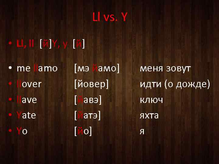 Ll vs. Y • Ll, ll [й]Y, y [й] • • • me llamo