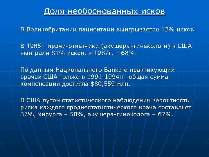 Доля необоснованных исков В Великобритании пациентами выигрывается 12% исков. В 1985 г. врачи-ответчики (акушеры-гинекологи)