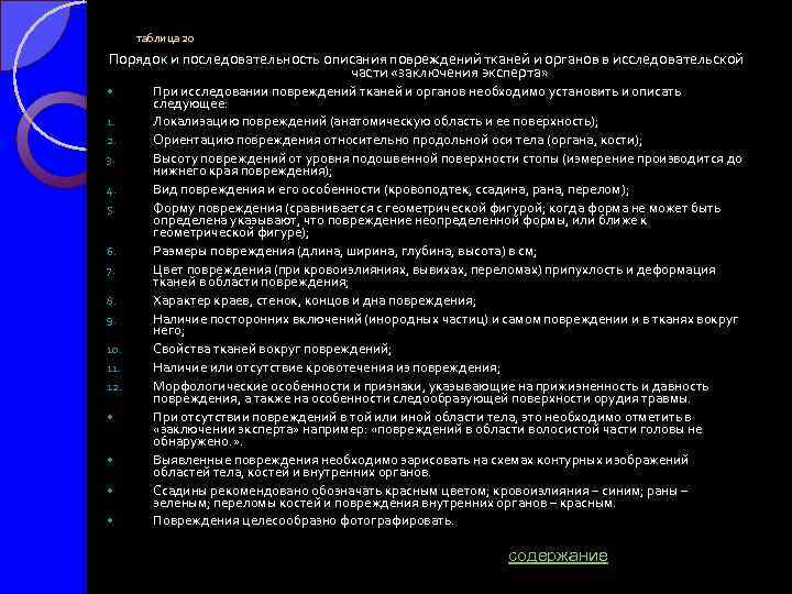 таблица 20 Порядок и последовательность описания повреждений тканей и органов в исследовательской части «заключения