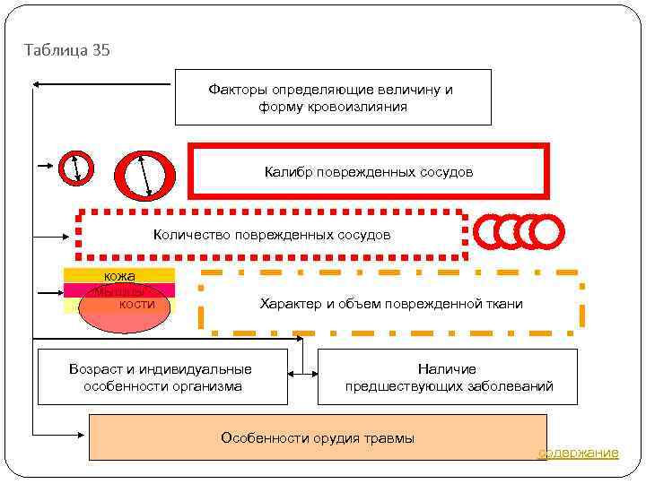 Таблица 35 Факторы определяющие величину и форму кровоизлияния Калибр поврежденных сосудов Количество поврежденных сосудов