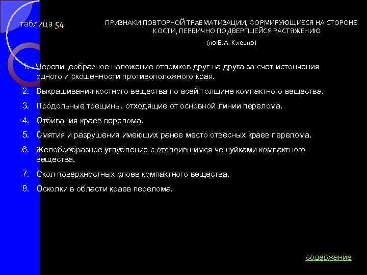 таблица 54 ПРИЗНАКИ ПОВТОРНОЙ ТРАВМАТИЗАЦИИ, ФОРМИРУЮЩИЕСЯ НА СТОРОНЕ КОСТИ, ПЕРВИЧНО ПОДВЕРГШЕЙСЯ РАСТЯЖЕНИЮ (по В.