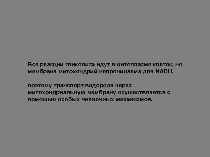 Все реакции гликолиза идут в цитоплазме клеток, но мембрана митохондрий непроницаема для NADН, поэтому