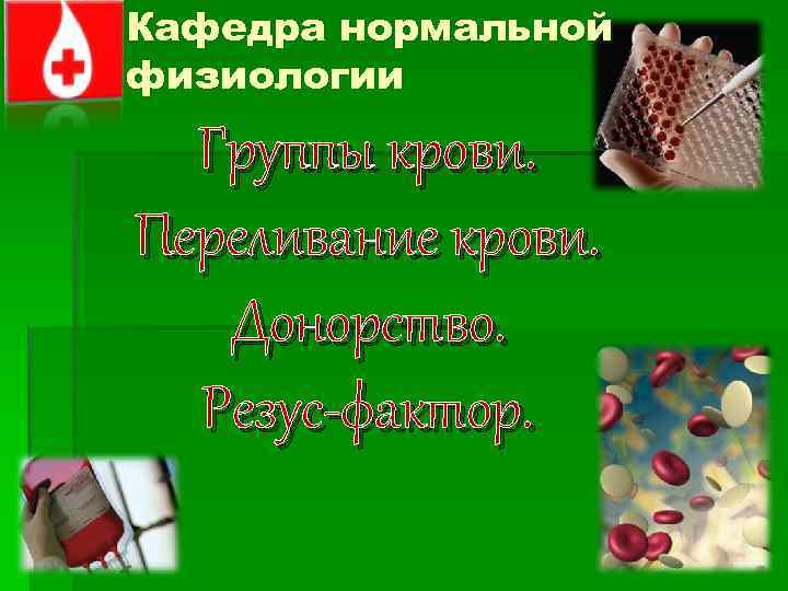 Кафедра нормальной физиологии Группы крови. Переливание крови. Донорство. Резус-фактор. 