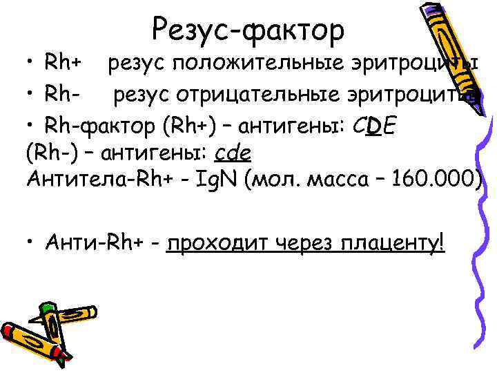 Резус-фактор • Rh+ резус положительные эритроциты • Rh- резус отрицательные эритроциты. • Rh-фактор (Rh+)