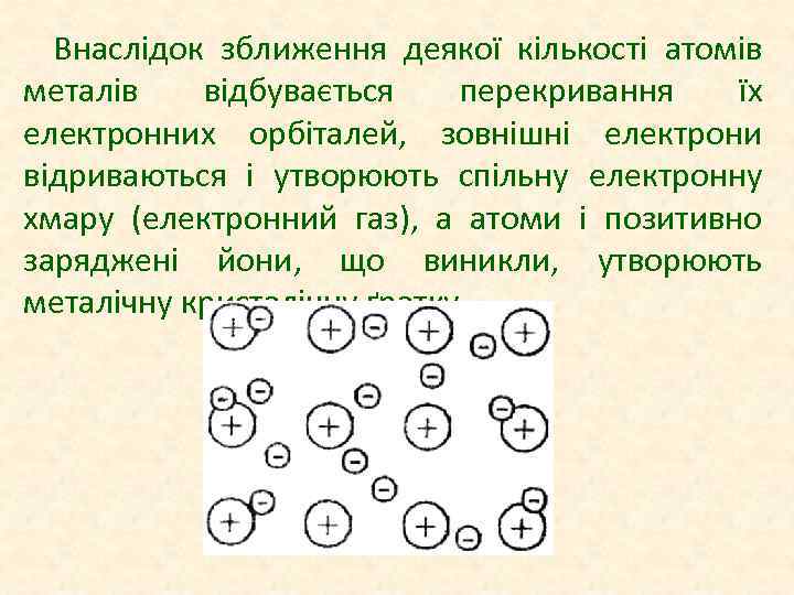 Внаслідок зближення деякої кількості атомів металів відбувається перекривання їх електронних орбіталей, зовнішні електрони відриваються