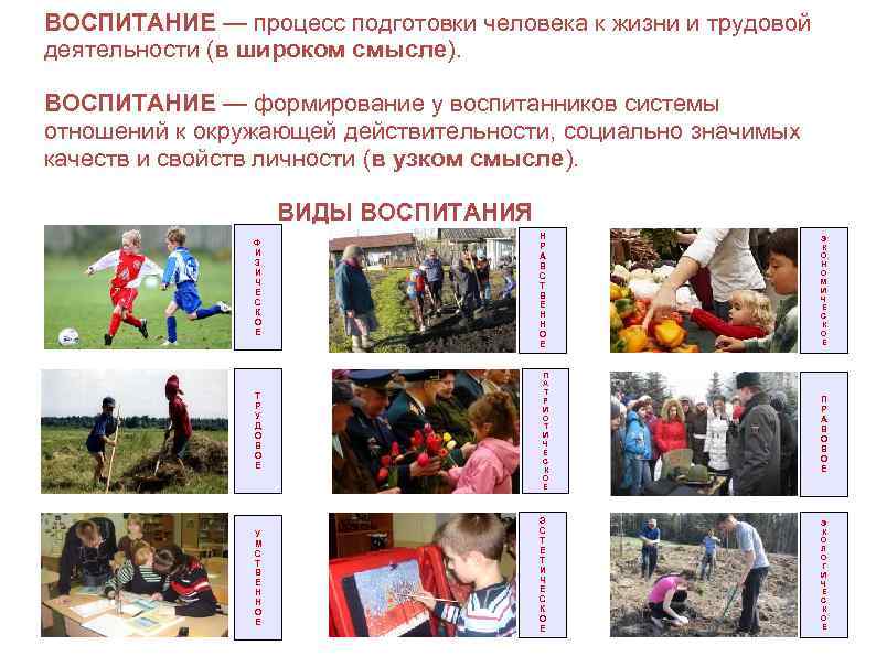 ВОСПИТАНИЕ — процесс подготовки человека к жизни и трудовой деятельности (в широком смысле). ВОСПИТАНИЕ