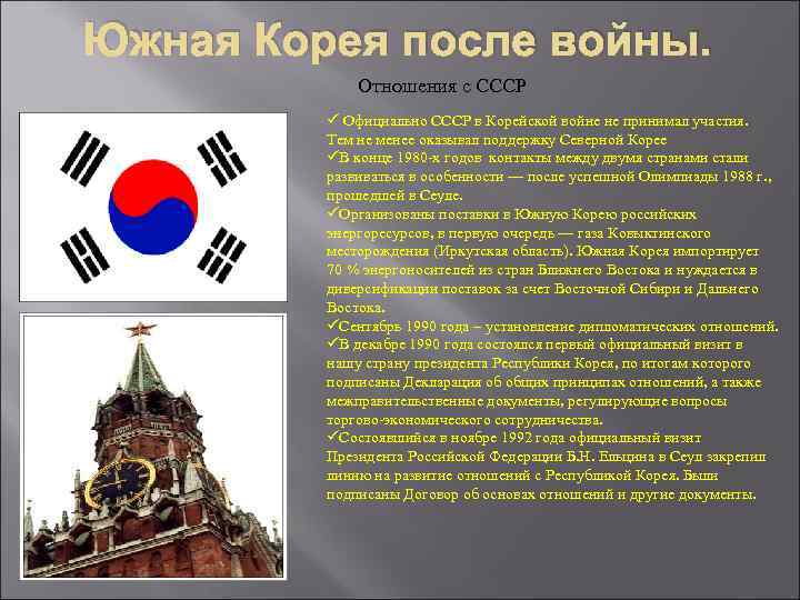 Южная Корея после войны. Отношения с СССР ü Официально СССР в Корейской войне не