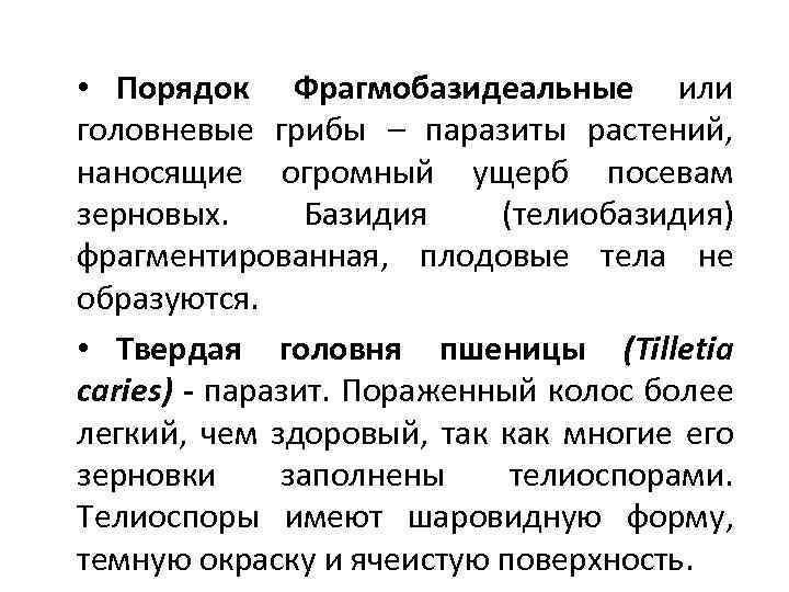  • Порядок Фрагмобазидеальные или головневые грибы – паразиты растений, наносящие огромный ущерб посевам