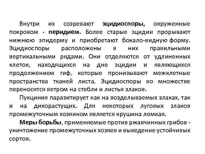 Внутри их созревают эцидиоспоры, окруженные покровом перидием. Более старые эцидии прорывают нижнюю эпидерму и