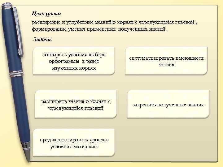 Цель урока: расширение и углубление знаний о корнях с чередующейся гласной , формирование умения