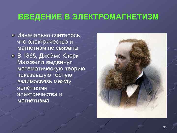 ВВЕДЕНИЕ В ЭЛЕКТРОМАГНЕТИЗМ Изначально считалось, что электричество и магнетизм не связаны В 1865, Джеймс