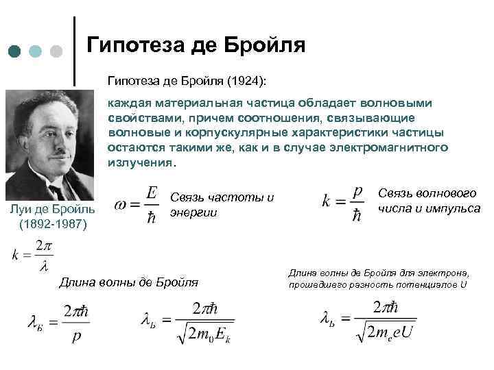 Гипотеза де Бройля (1924): каждая материальная частица обладает волновыми свойствами, причем соотношения, связывающие волновые