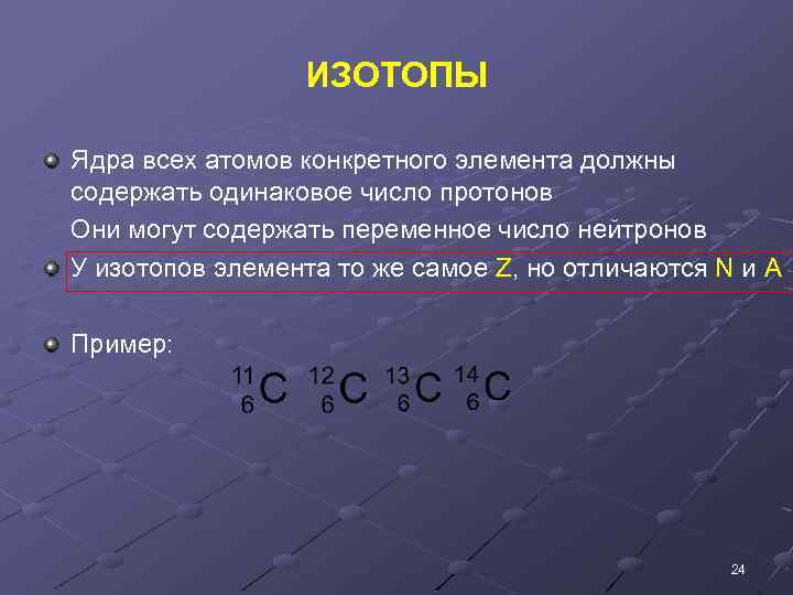 ИЗОТОПЫ Ядра всех атомов конкретного элемента должны содержать одинаковое число протонов Они могут содержать