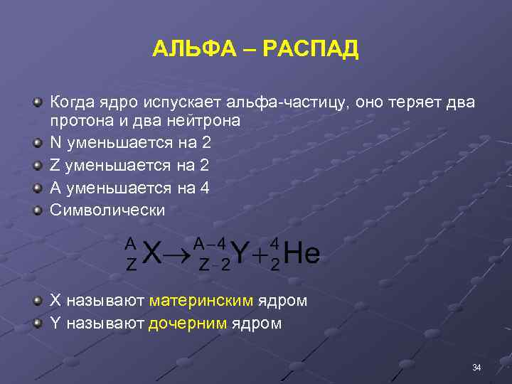 АЛЬФА – РАСПАД Когда ядро испускает альфа-частицу, оно теряет два протона и два нейтрона