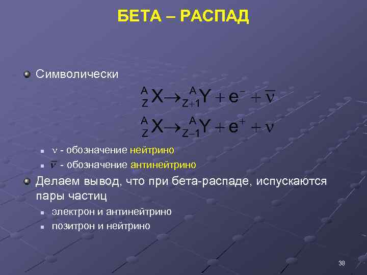 БЕТА – РАСПАД Символически n n - обозначение нейтрино - обозначение антинейтрино Делаем вывод,