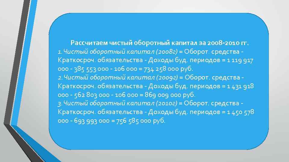 Рассчитаем чистый оборотный капитал за 2008 -2010 гг. 1. Чистый оборотный капитал (2008 г)