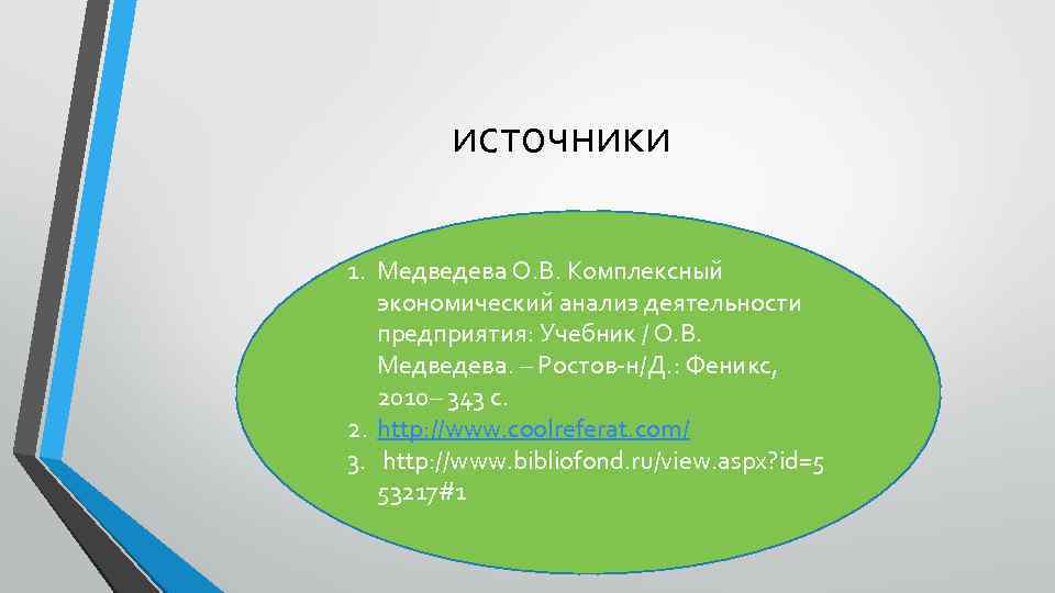 источники 1. Медведева О. В. Комплексный экономический анализ деятельности предприятия: Учебник / О. В.